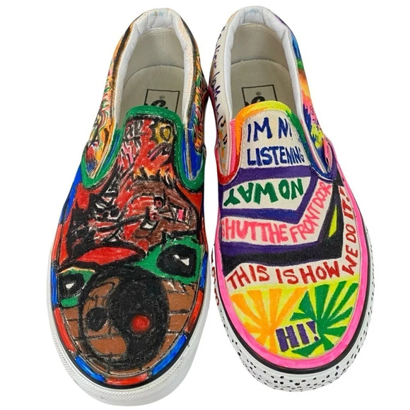 VANS Sneakers Custom Hand Drawn Graffiti Slide On Shoes Women 7.5 Men 6 Upcycled - Picture 2 of 16